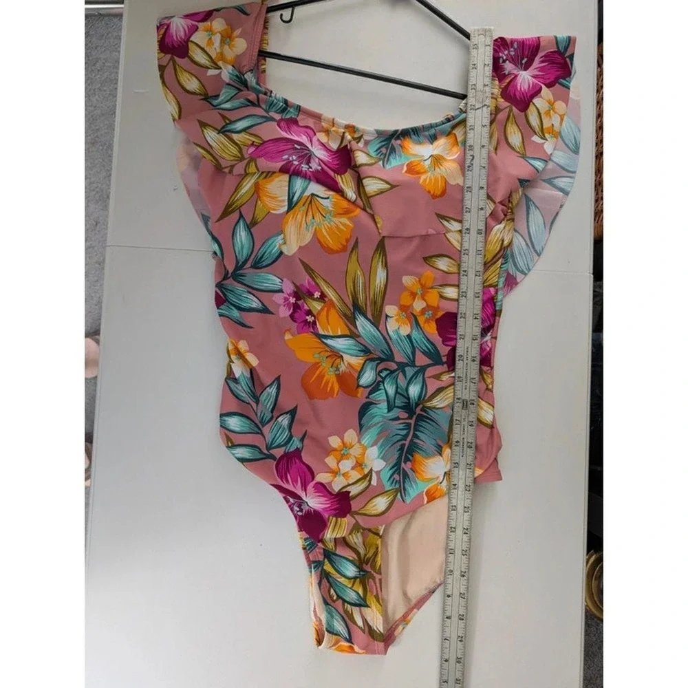 Kona Sol Pink Tropical One Piece Swimsuit Floral Ruffle Off The Shoulder XL